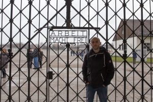 Outside the infamous gates at Dachau Concentration Camp