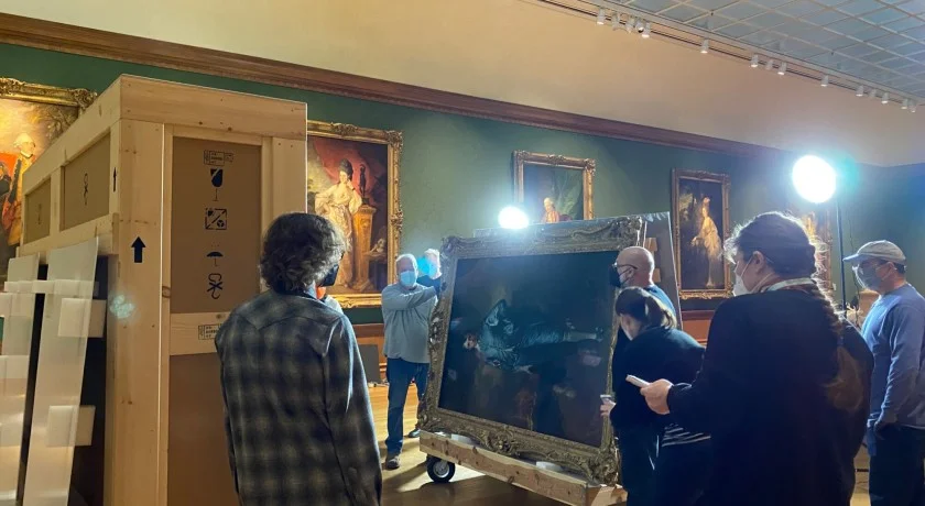 Staﬀ load The Blue Boy into Getty’s double-crate system at The Huntington Library, Art Museum, and Botanical Gardens. Image courtesy of the Getty Conservation Institute Photo: Jenny Kim