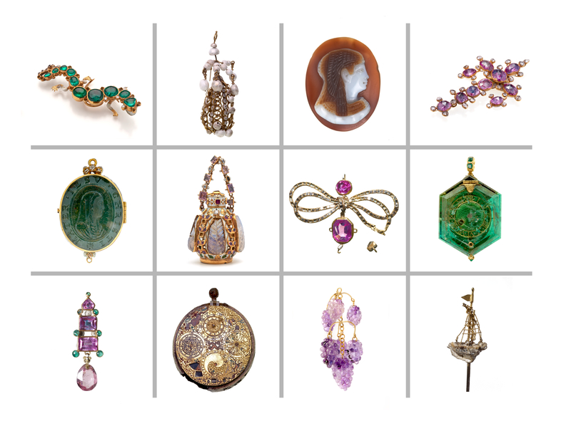 Cheapside-inspired grid of twelve vintage jewelry pieces, including brooches, pendants, cameos, and lockets with gemstones and intricate Mk2 designs.